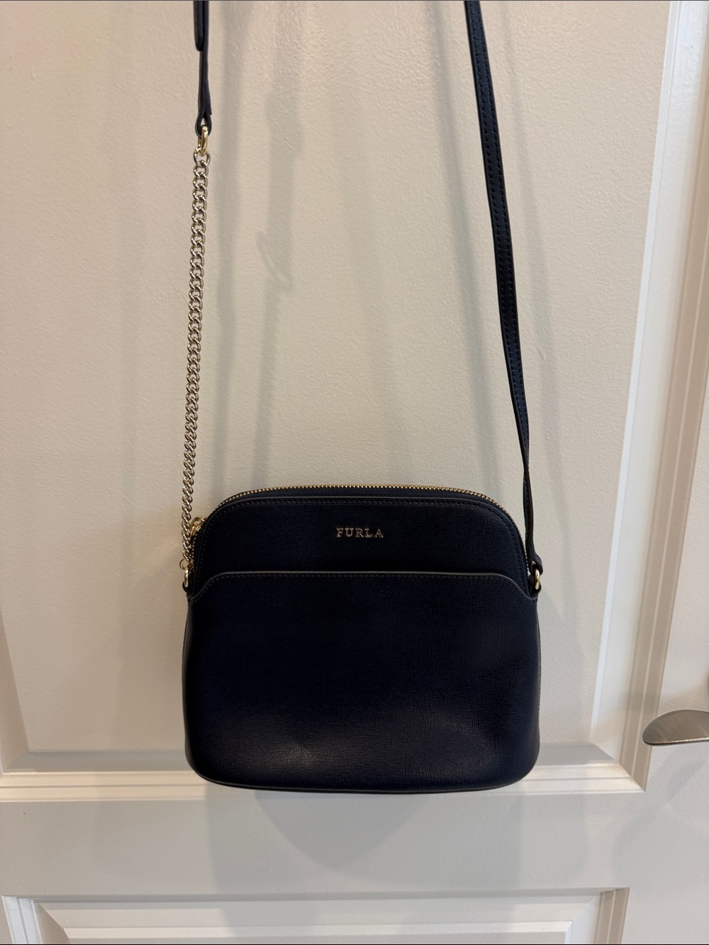 Furla Navy Leather Crossbody Bag with Gold Chain